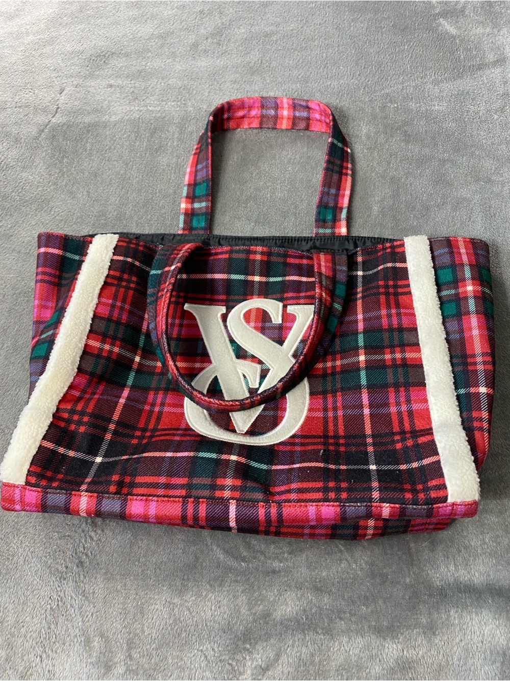 Victoria's Secret Red Plaid Tote Bag with Sherpa Trim